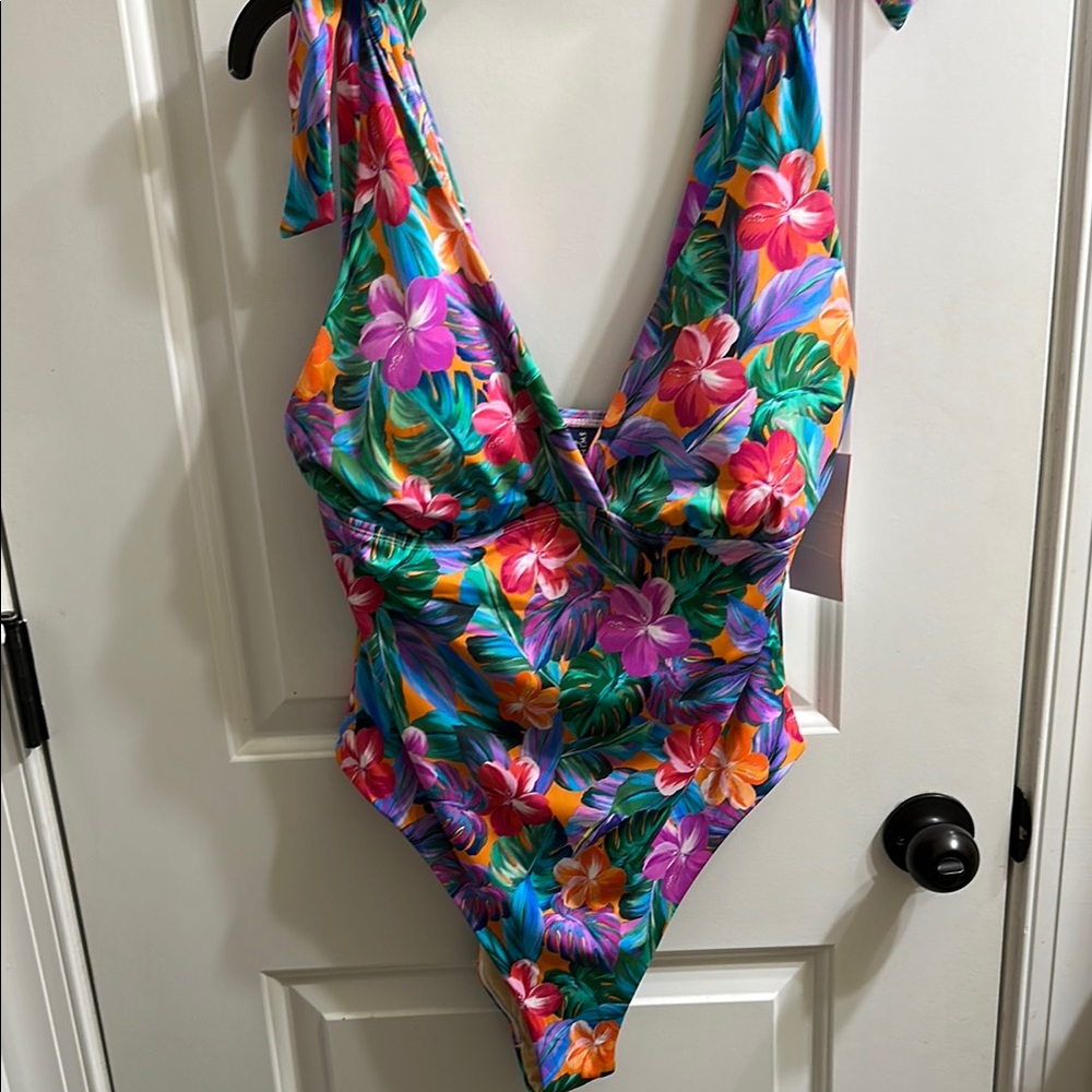BNWT Swimsuits for All Floral Deep V-neck Tie Shoulder One-Piece